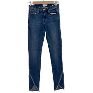 Frame Le Skinny De Jeanne Stretchy Dark-washed Blue Jeans With Raw Hem Size 24